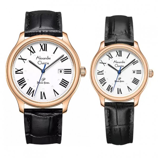 Alexandre Christie AC 1042 Rosegold White Black Leather Couple Alexandre Christie AC 1042 Rosegold White Black Leather Couple